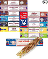 Set of 12 Satya Nag Champa Namaste variety incense sticks with floral scents and traditional Ayurveda packaging